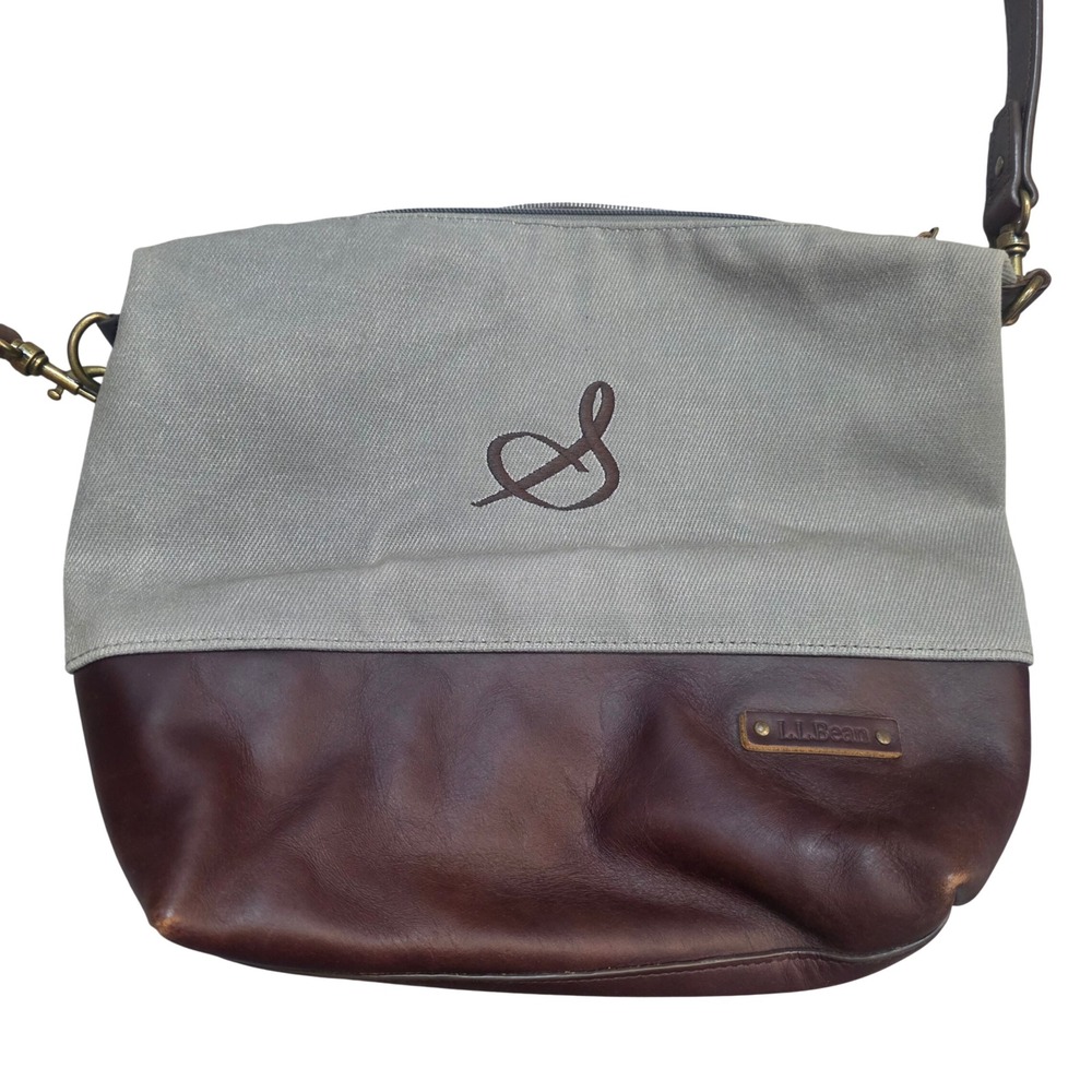 LL Bean Canvas and Leather Crossbody Bag Green Brown Map Lining Monogram S
